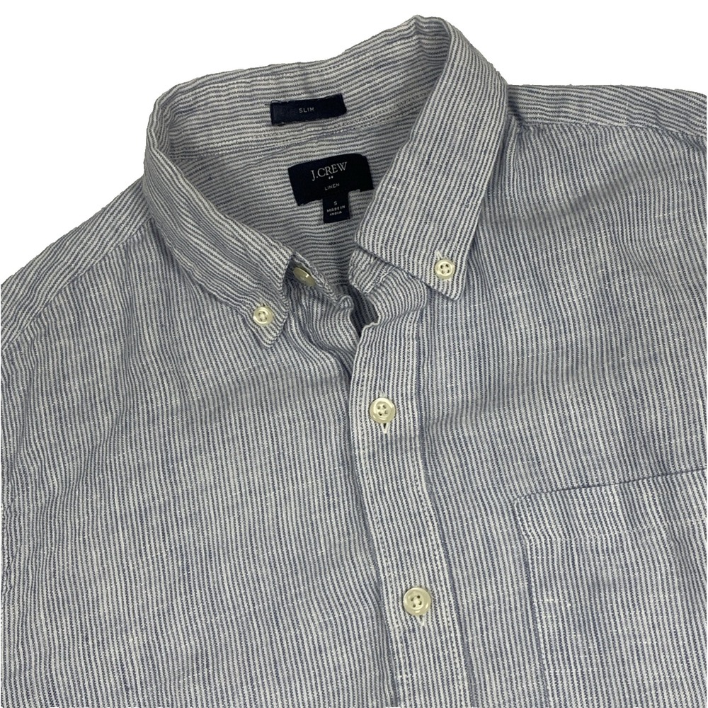 J Crew 100% Linen Slim Fit Shirt Mens Small Blue White Striped Button Up